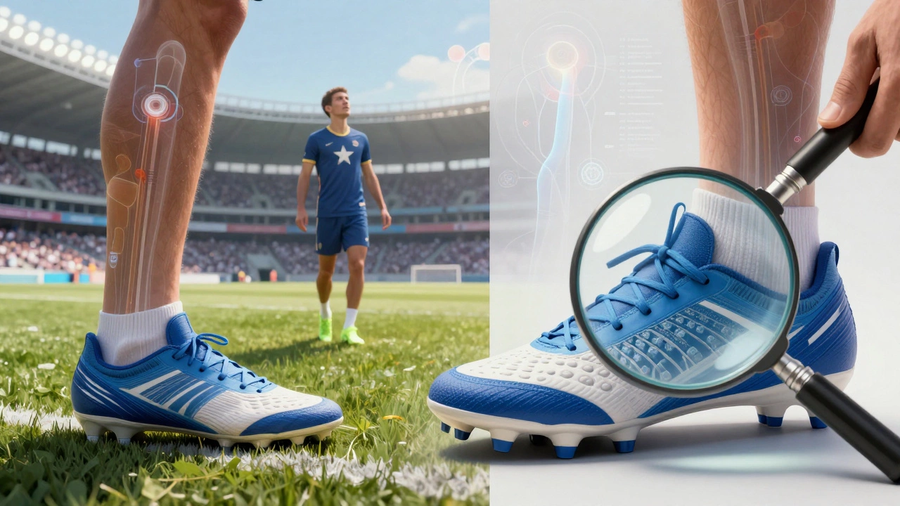 A split image comparing fan replica cleats to a magnified view of a pro athlete's custom-designed shoe sole.