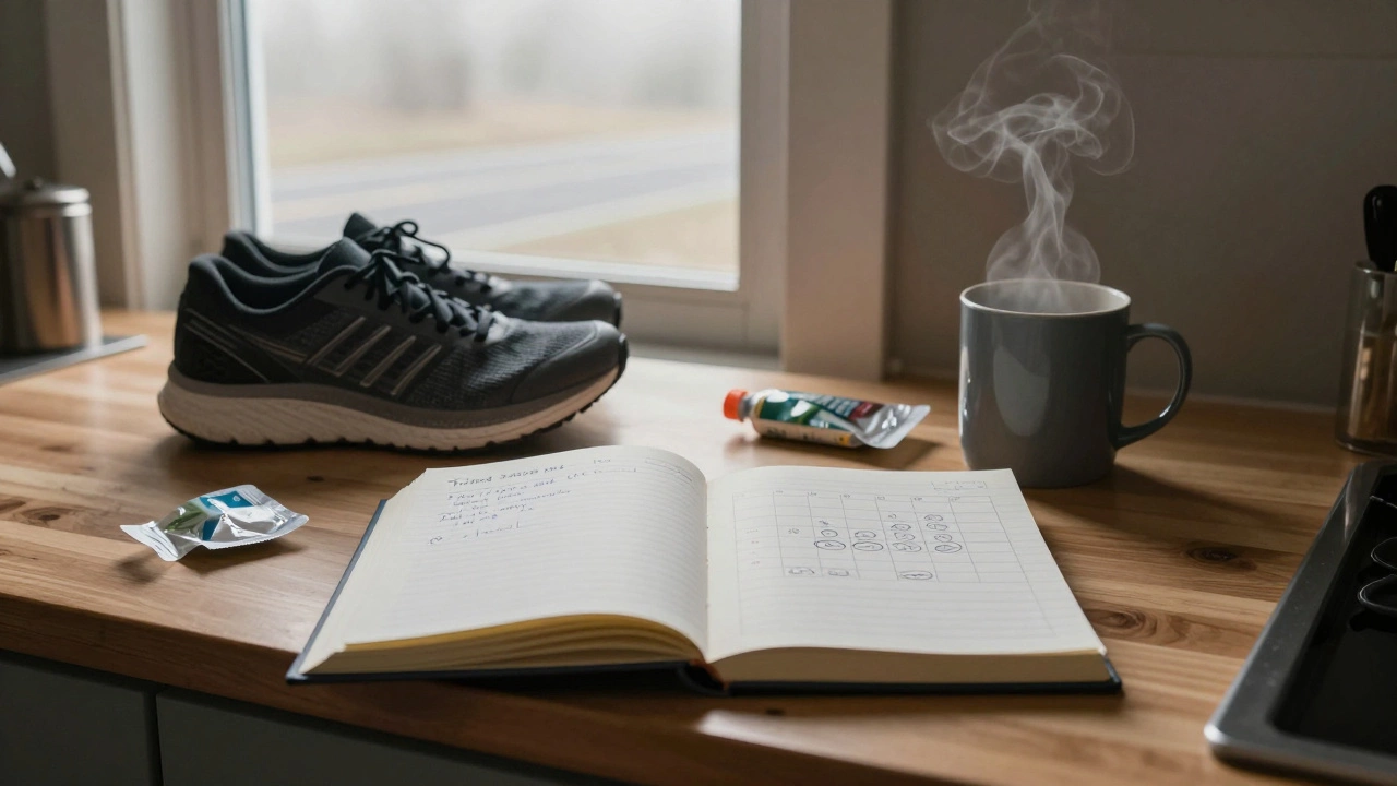 A training log on a kitchen table with running shoes and an empty gel wrapper.