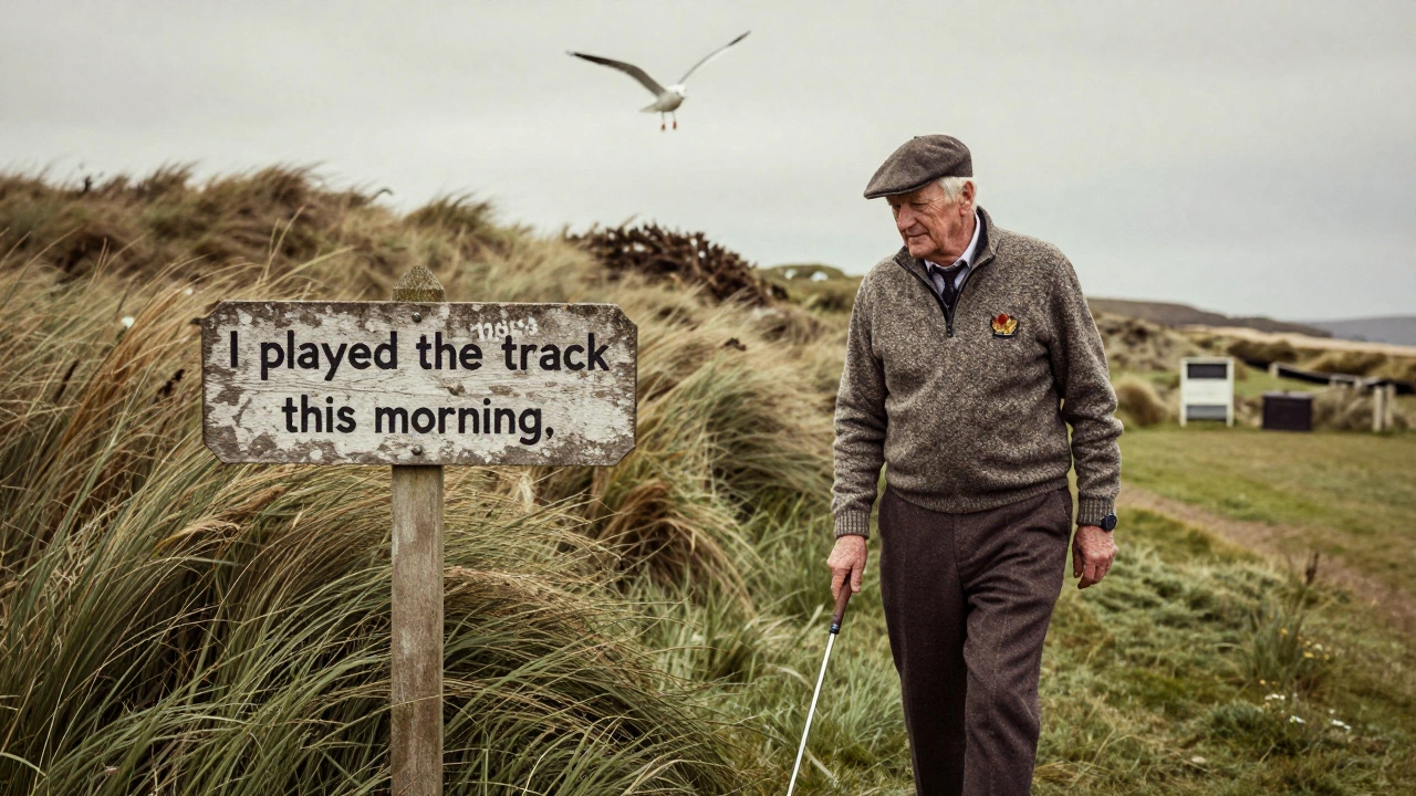 An elderly golfer walking past a course sign on a coastal links course in Scotland.
