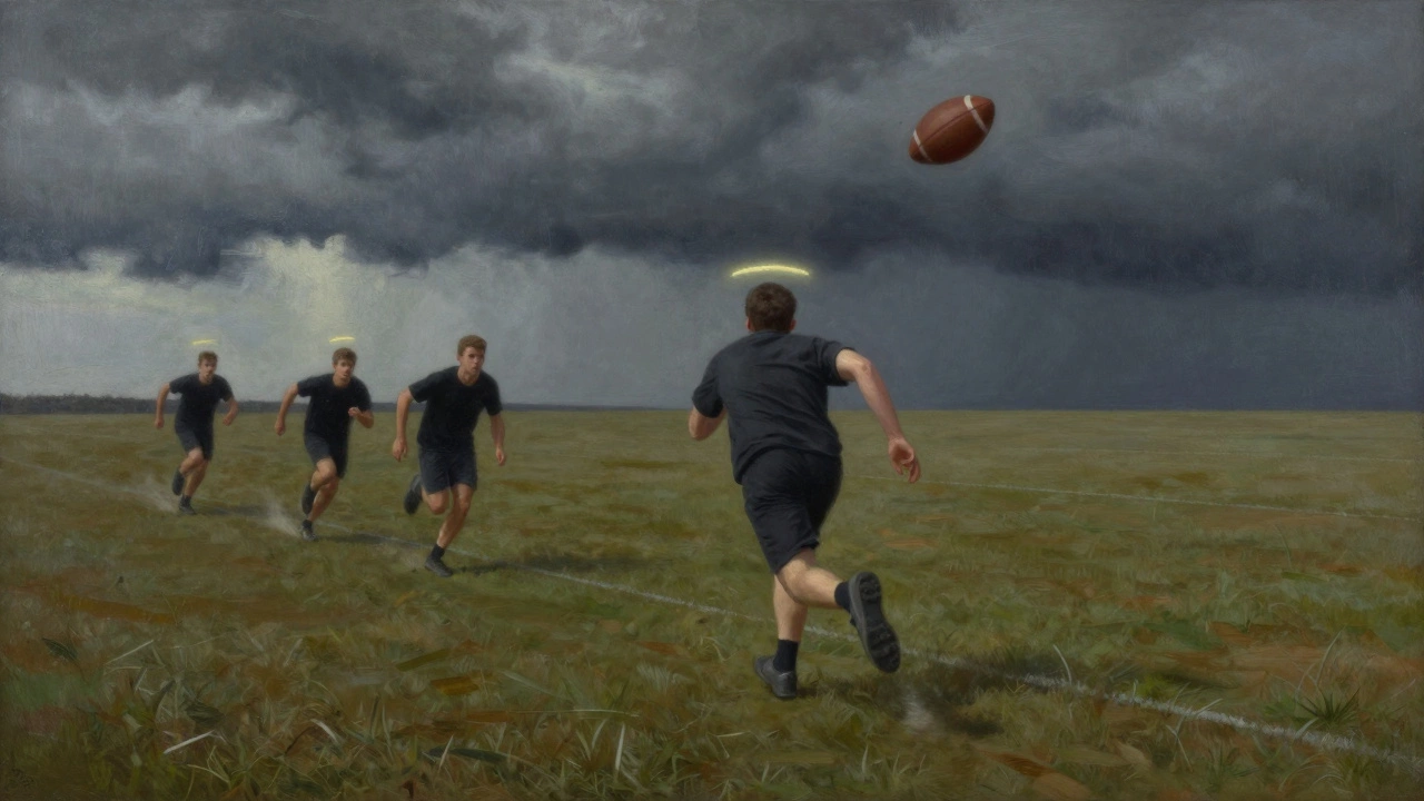 Fullback sprinting backward under pressure, ball in hand, opponents closing in, motion trails showing speed and isolation.