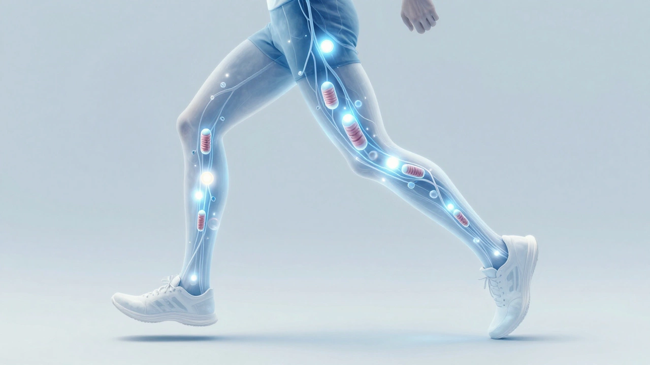 Runner's leg with glowing oxygen molecules flowing through capillaries.