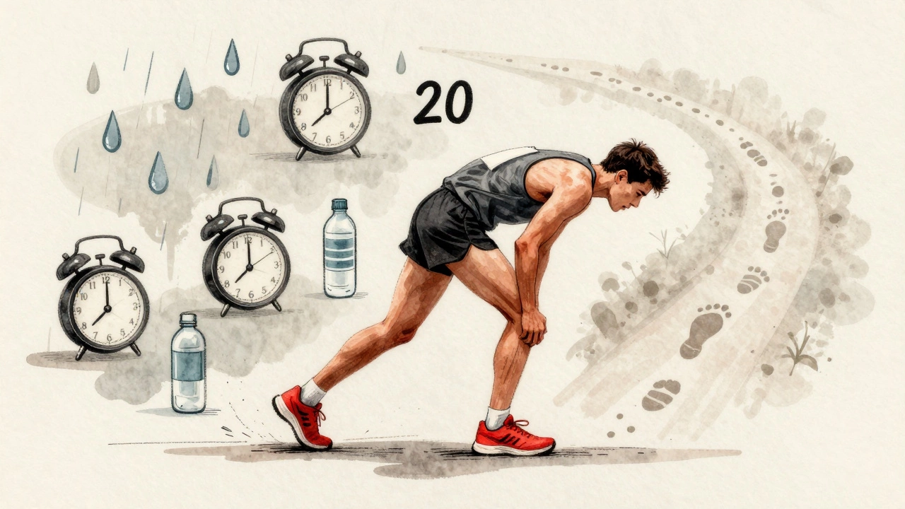 Runner at mile 20 surrounded by abstract symbols of training struggles like rain and alarm clocks.