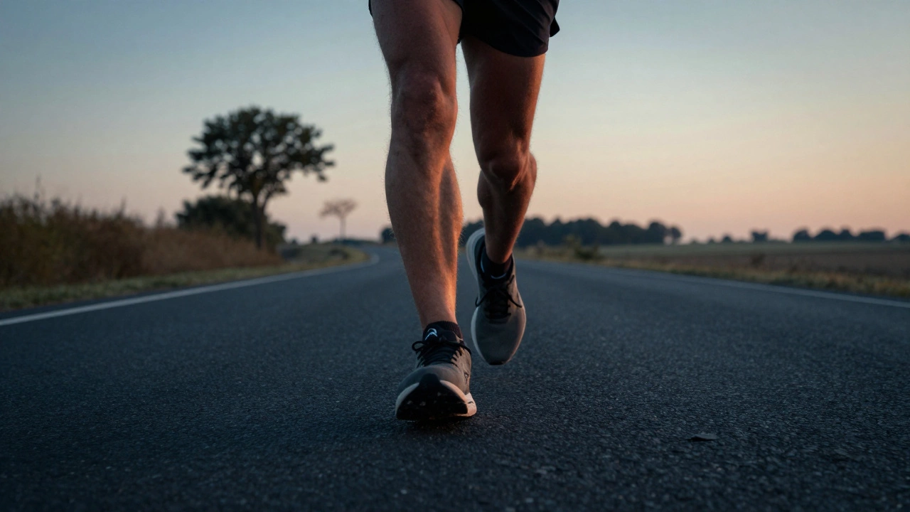 Runner on a road at dawn with legs in motion.