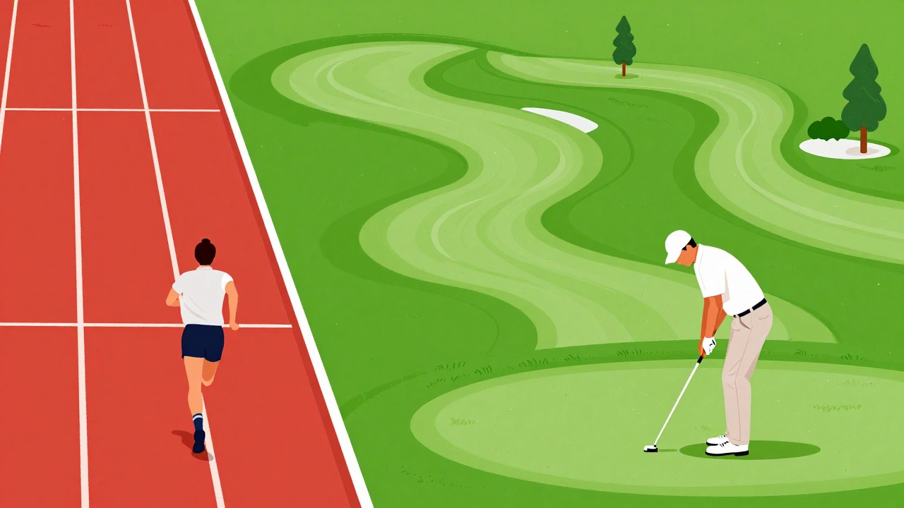Side-by-side: a runner on a track versus a golfer on a winding golf course.