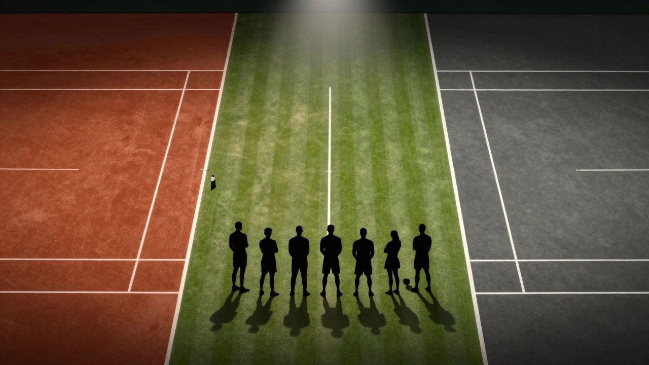 Three tennis court surfaces merged with nine silhouettes of Grand Slam champions standing together.