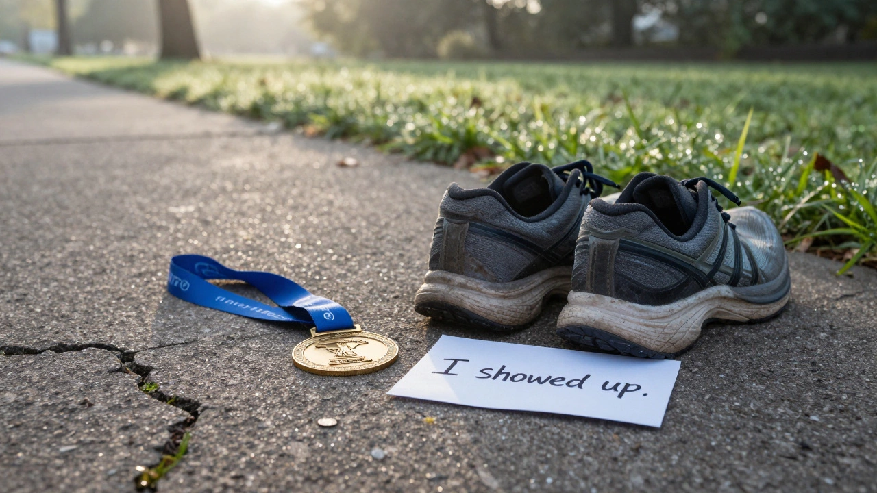 Worn running shoes beside a medal and handwritten note on a quiet sidewalk at dawn.
