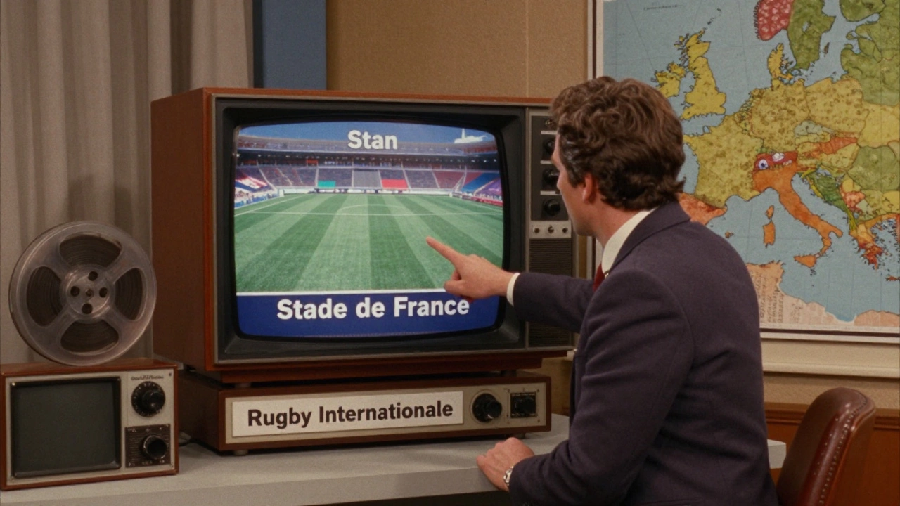 1980s French TV studio graphic displaying 'Stan' as shorthand for Stade de France.