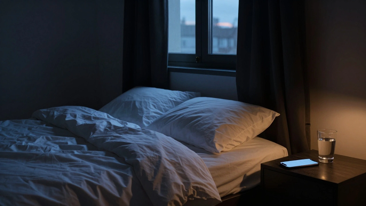 A dark, cool bedroom at dawn with a phone face-down and a glass of water on the nightstand.