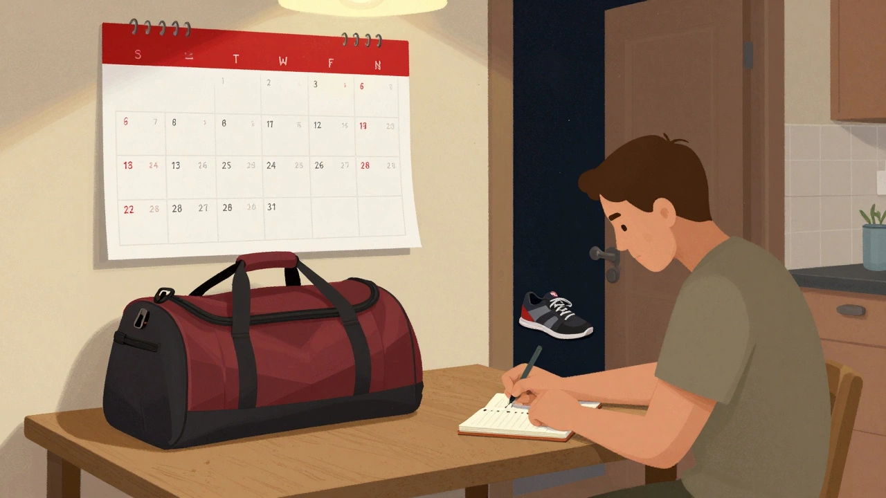 A packed gym bag beside sneakers and a calendar marked with three weekly workout times.