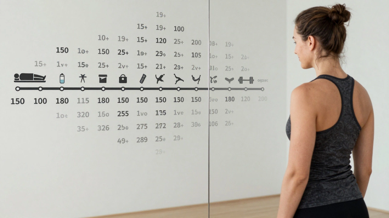 A person smiling at their reflection, with a timeline of consistent workouts fading into the background.
