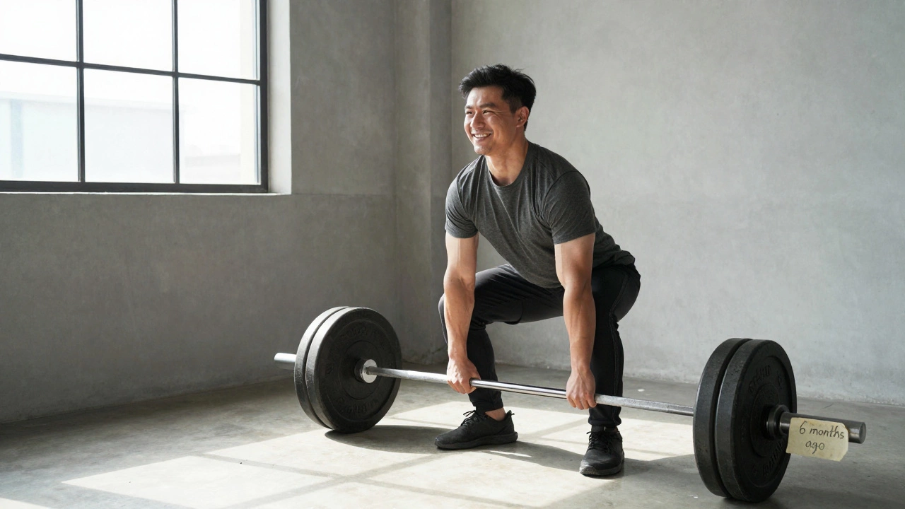 A person smiling while lifting a heavier barbell, with their previous weight marked beside it in a home gym.