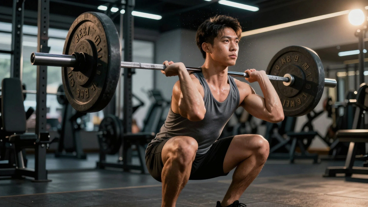 Athlete performing barbell squats with heavy weight in a dark gym setting.
