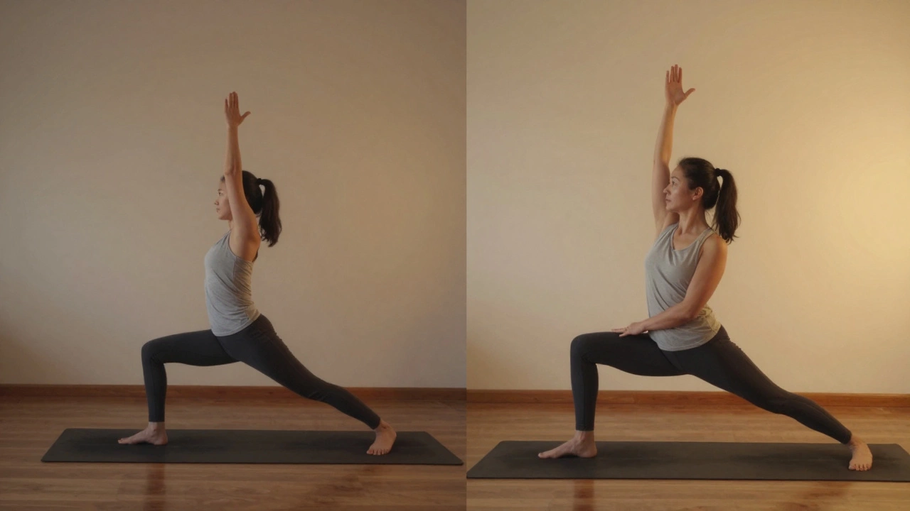 Before and after view of a beginner’s yoga journey, showing improved posture and calm confidence over 60 days.