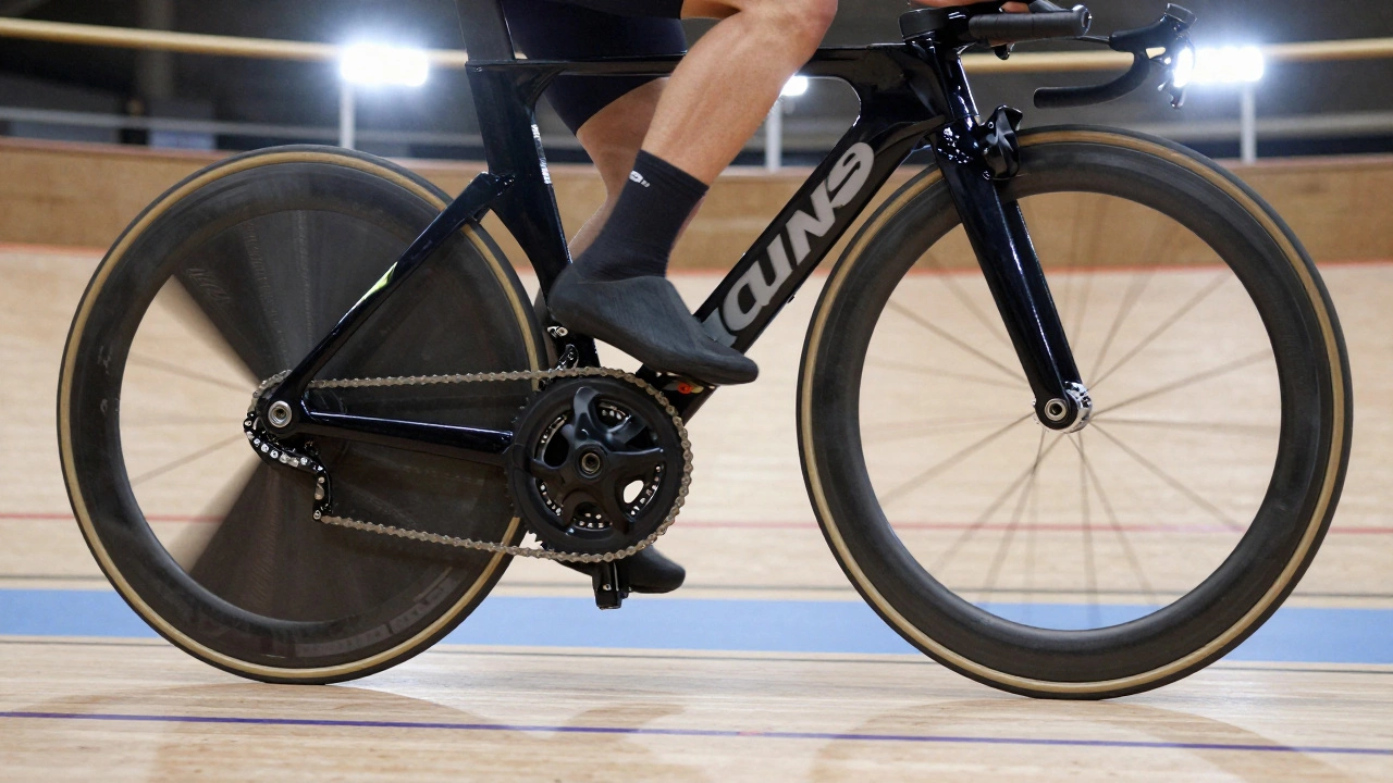 Cyclist on a track with close-up of wheel bearings and crankshaft, highlighting wheel-and-axle motion.