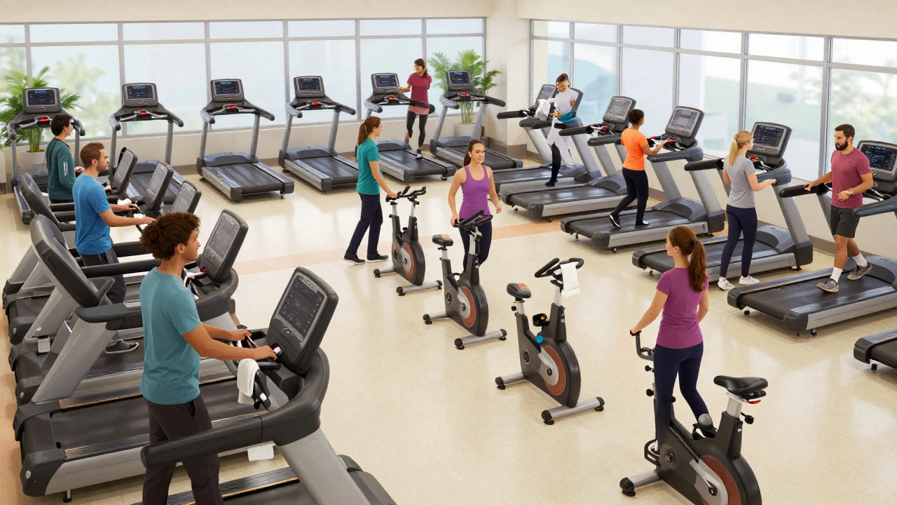 Diverse group exercising on cardio machines while respecting shared space and equipment queues