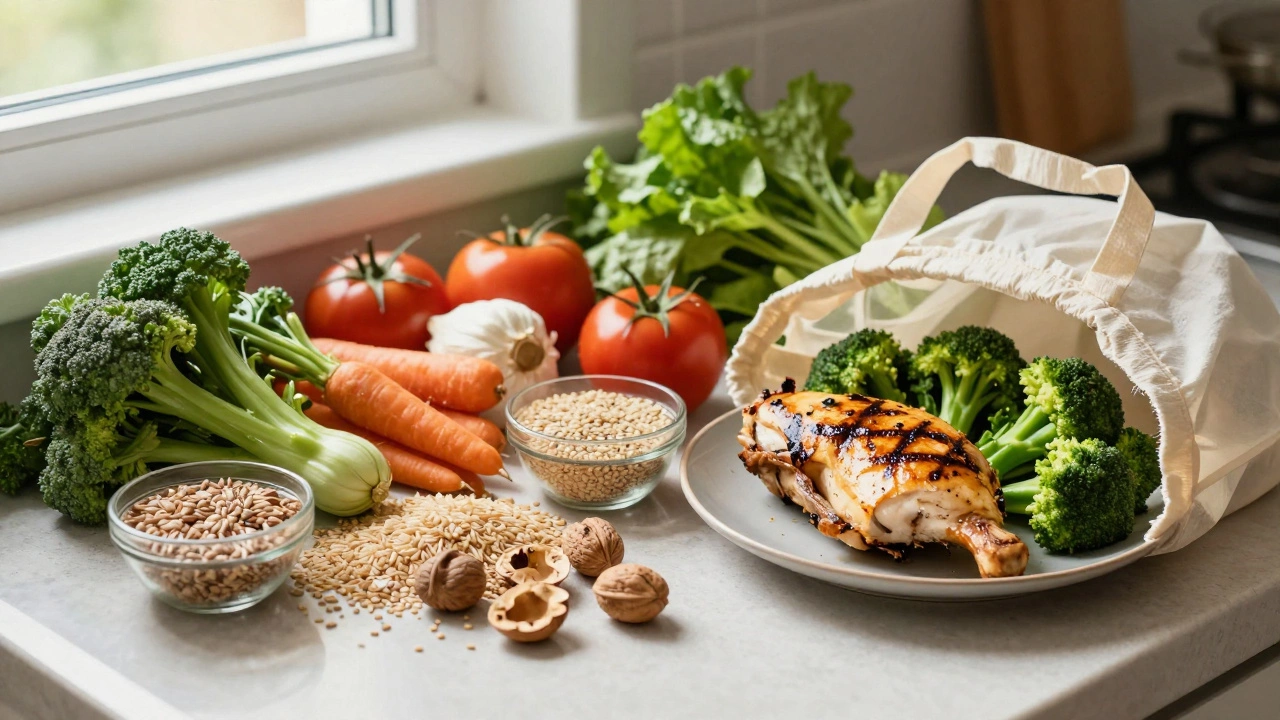 Fresh whole foods on a kitchen counter with no processed packaging in sight.