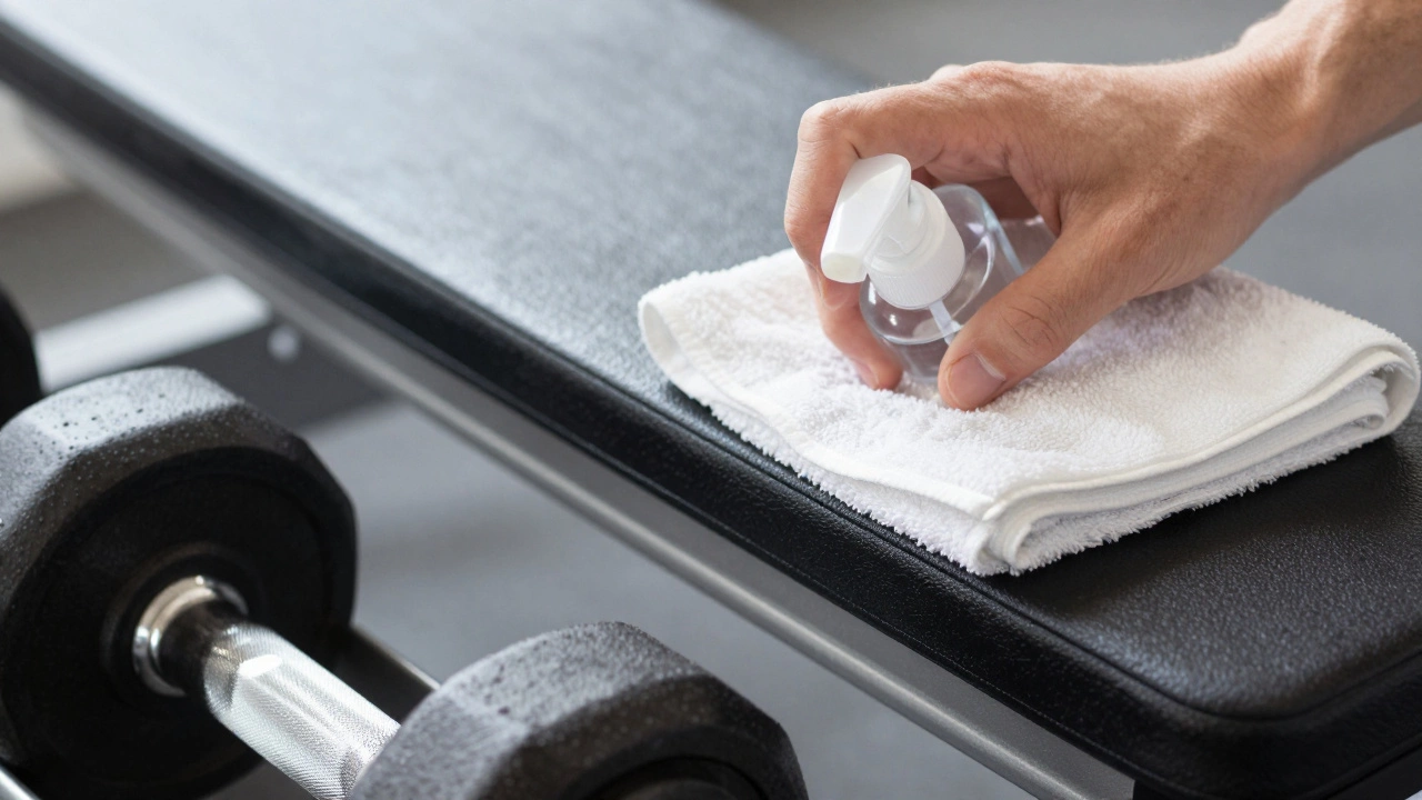 Hands wiping down exercise bench with towel and spray bottle near weight rack