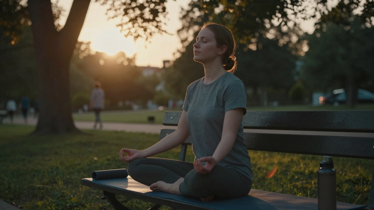 Person meditating on park bench at sunset, calm and peaceful, water bottle nearby