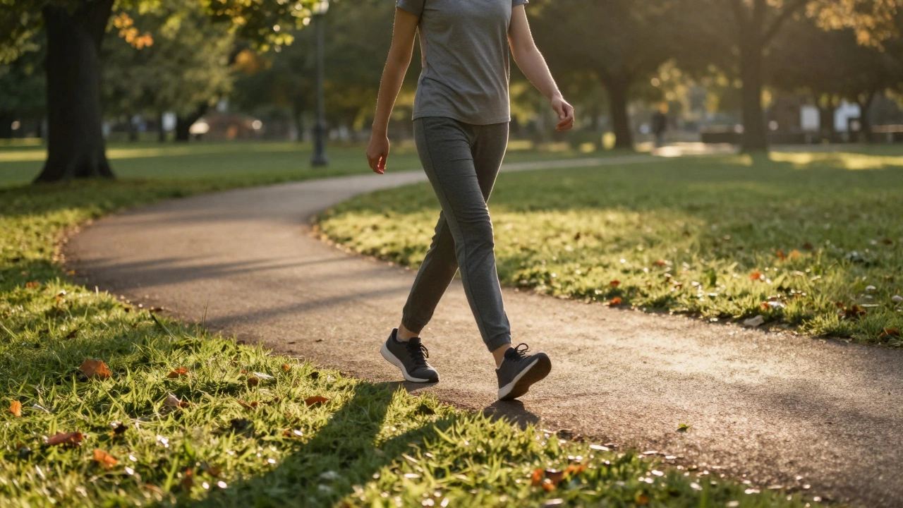 Person walking briskly on a park path surrounded by trees in sunlight.