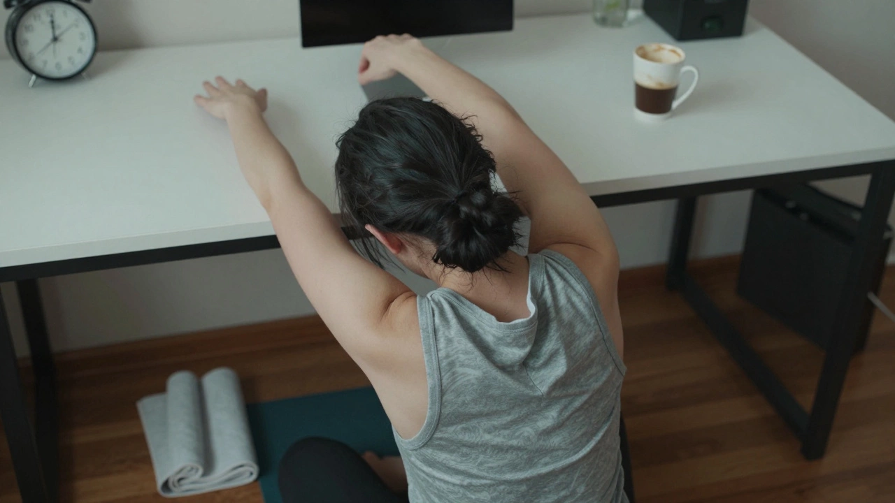 Someone gently stretching at their desk during a work break, with yoga mat nearby.