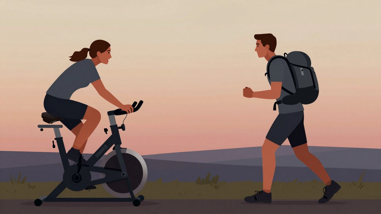 Split image of someone cycling calmly and later hiking steadily, showing progress over time.