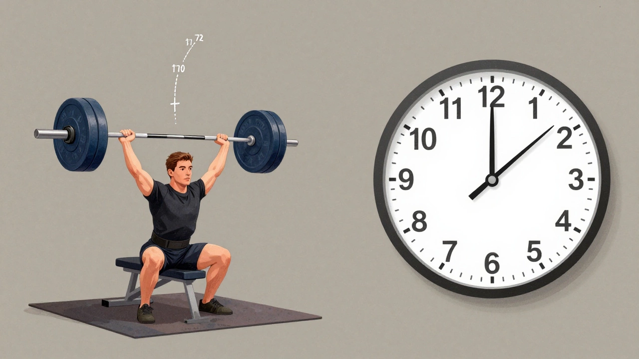 Split-screen illustration showing progressive weight increases over eight weeks on compound lifts.