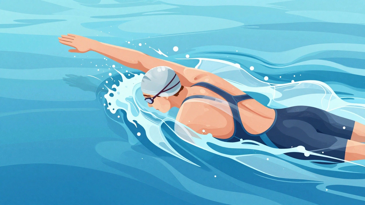 Swimmer in racing suit with wedge-shaped panels reducing water drag, shown in fluid motion underwater.