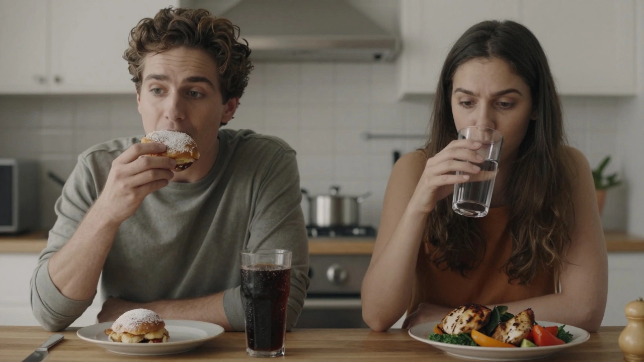 Two people in kitchen: one eating junk food, other eating healthy meal with water