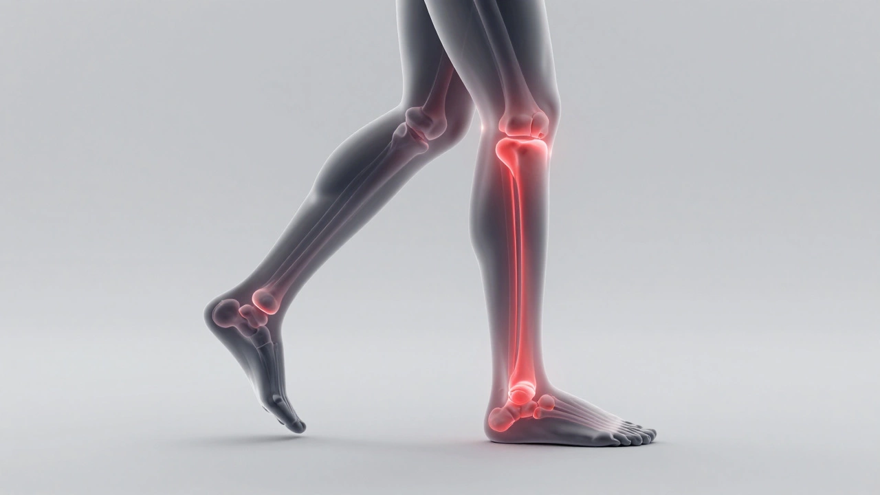3D medical illustration of a leg showing impact stress on joints during a running stride