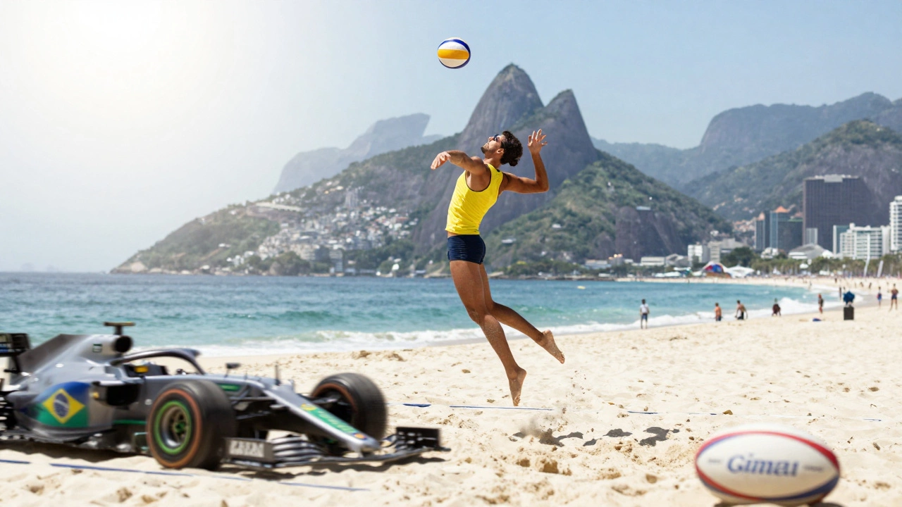 A beach volleyball player spiking a ball on a sunny Brazilian beach.