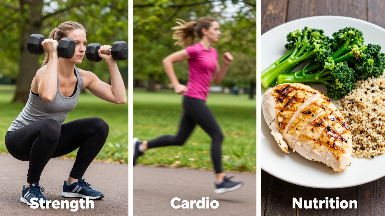 A collage showing weightlifting, jogging in a park, and a healthy high-protein meal