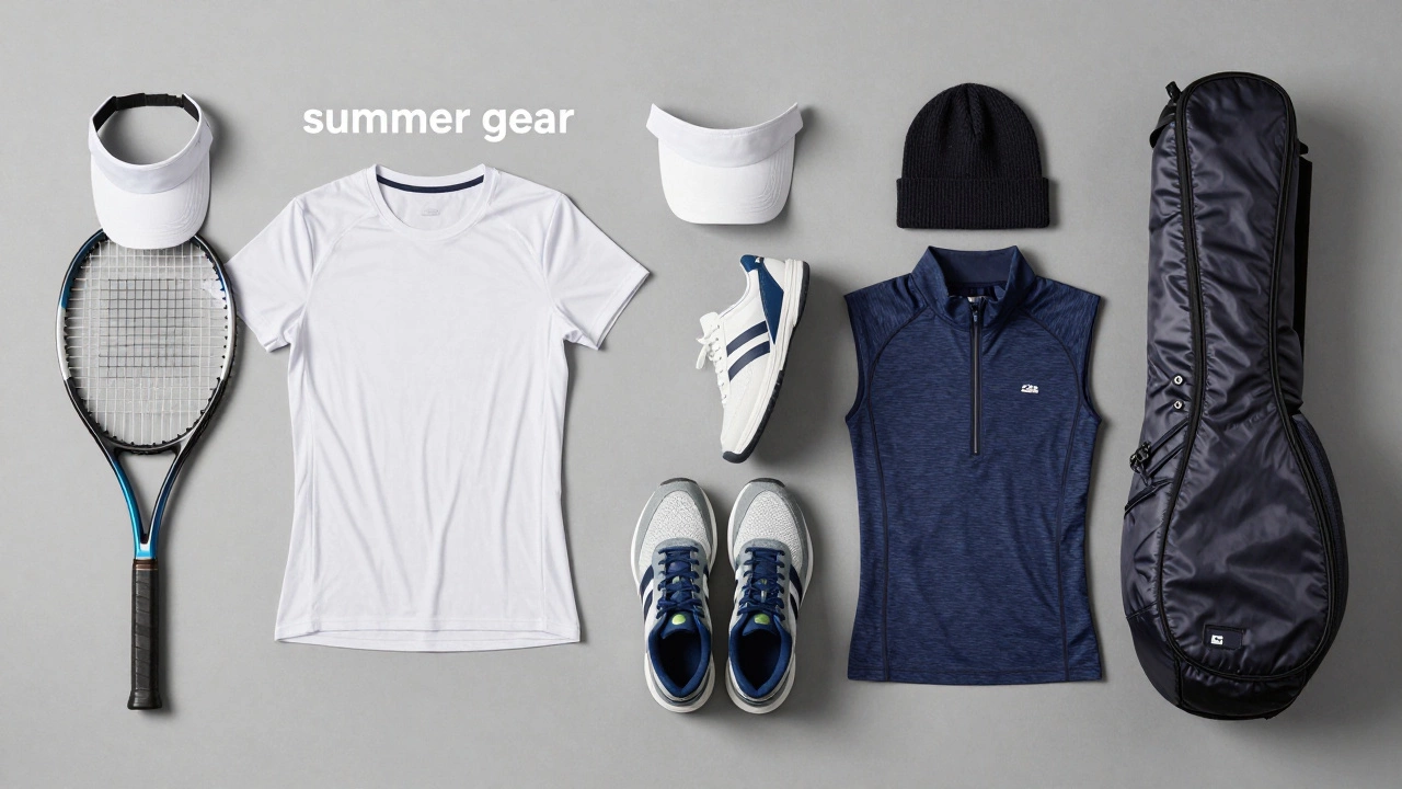 A flat-lay arrangement of seasonal tennis clothing and equipment for year-round play.
