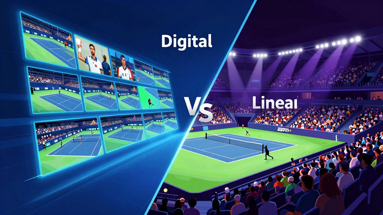 Artistic split view of multi-court digital streaming versus a grand championship tennis final.