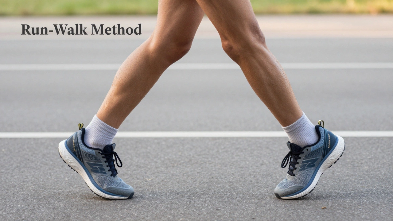 Close-up of a runner's legs using the run-walk method on a path.
