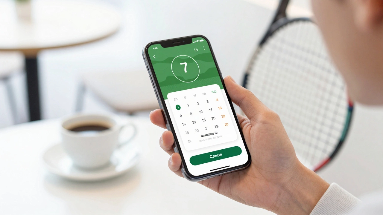 Close-up of a smartphone screen showing a subscription app next to a tennis racket.
