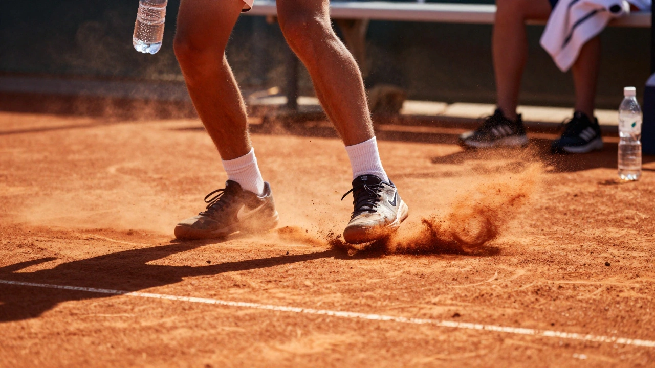 Close-up of a tennis player sliding on a red clay court in the bright summer sun.