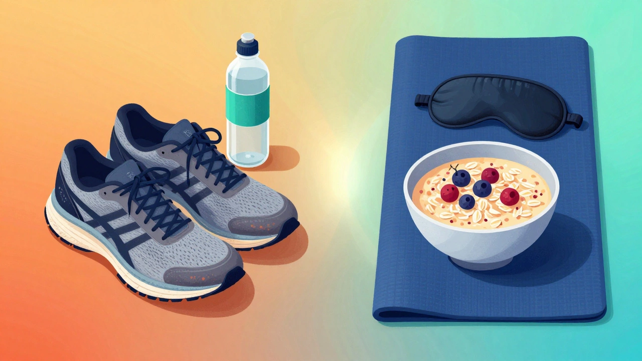 Conceptual image showing running gear balanced with recovery food and yoga equipment.