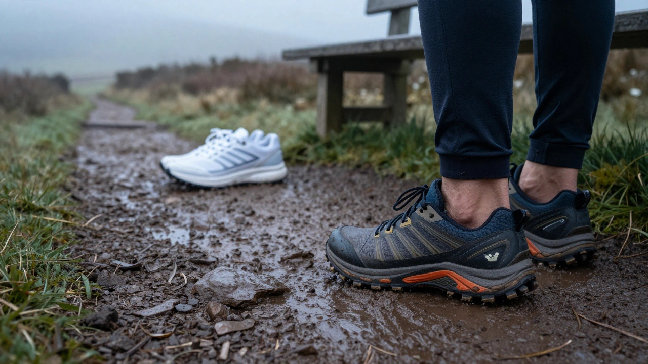 Professional trail running shoes gripping a muddy, rocky path in a misty forest