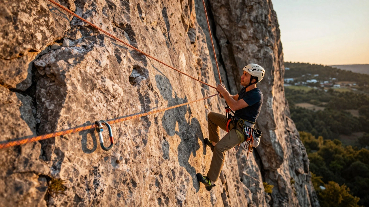 Rock climber on a cliff highlighting the dynamic rope and safety gear during an ascent.