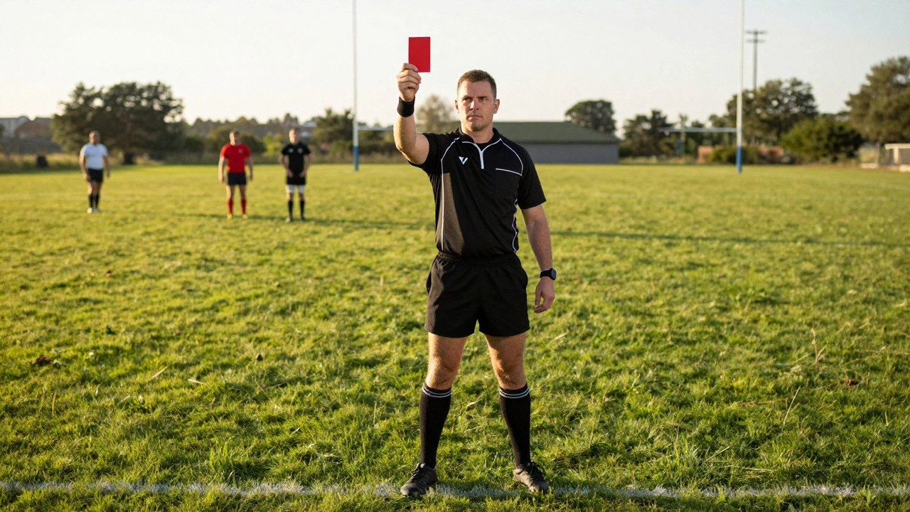 Rugby referee holding up a red card to send a player off the field