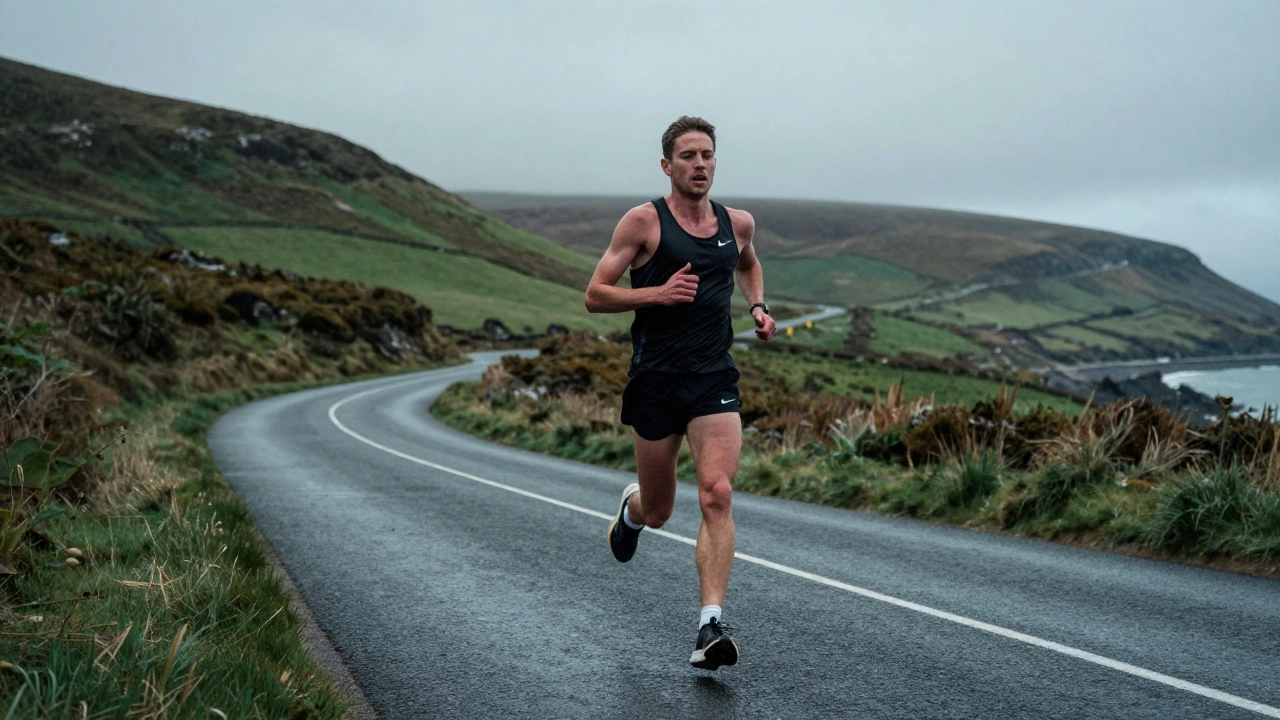 Runner performing a tempo run on a winding road through the green British countryside.