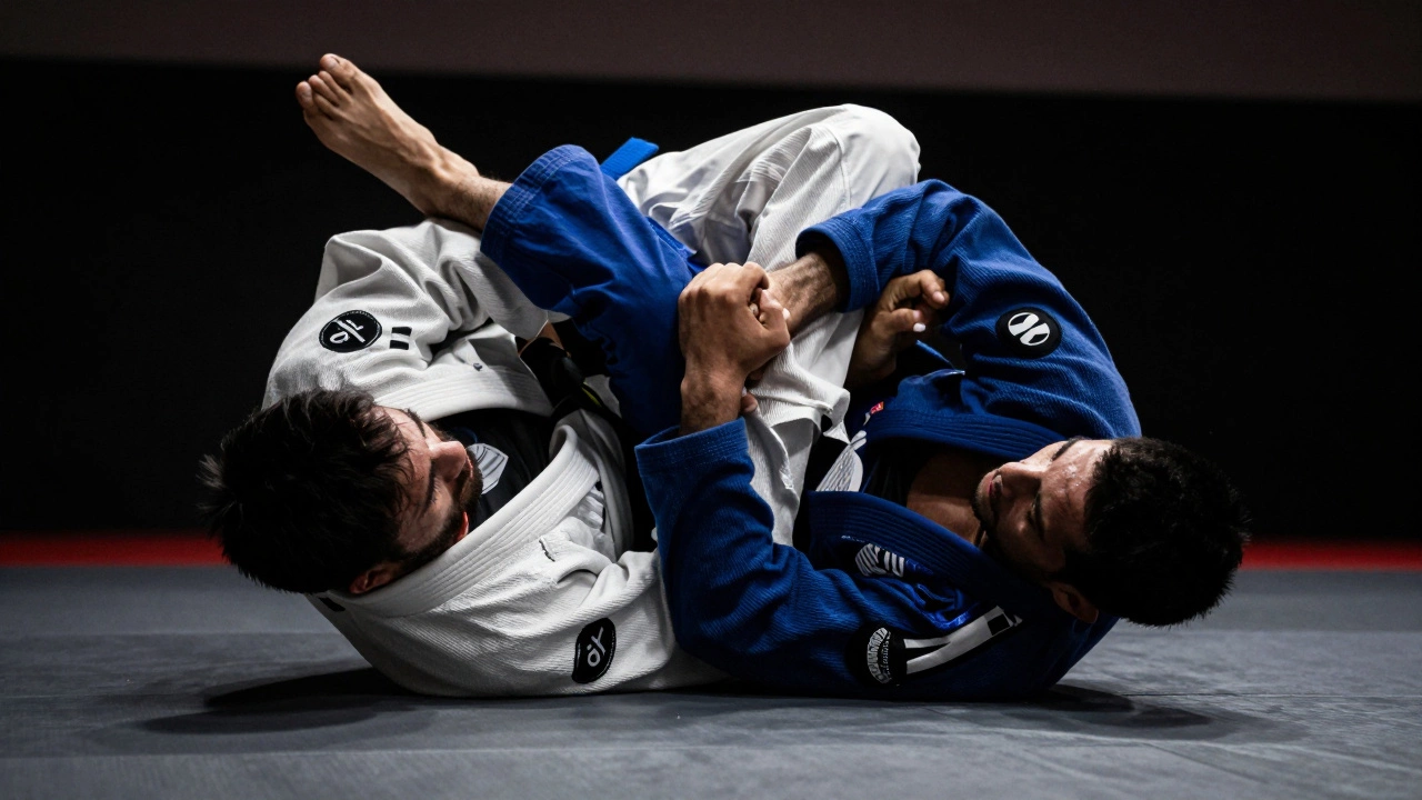 Two athletes practicing a complex grappling technique in Brazilian Jiu-Jitsu.