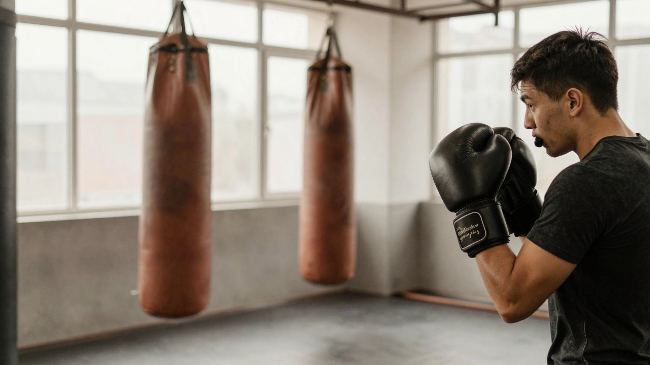 Two boxers practicing technical sparring with protective gear in a sunlit gym.