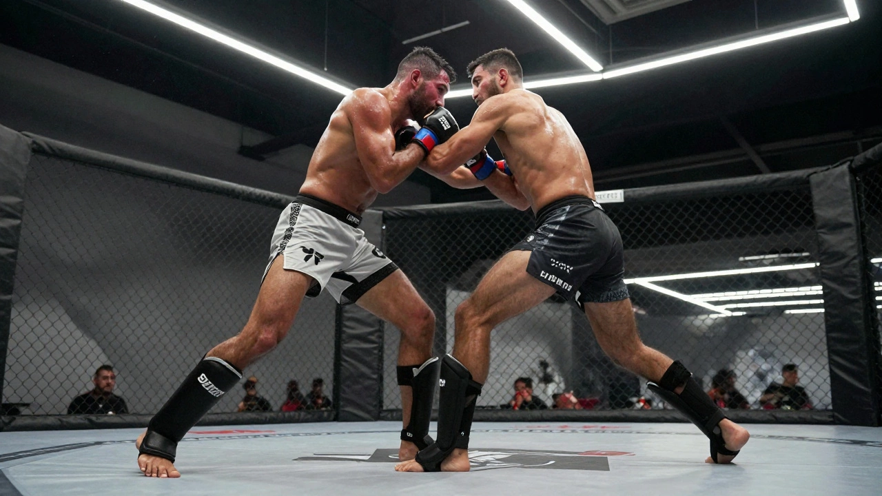 Two MMA fighters grappling during a professional contest inside an octagonal cage.