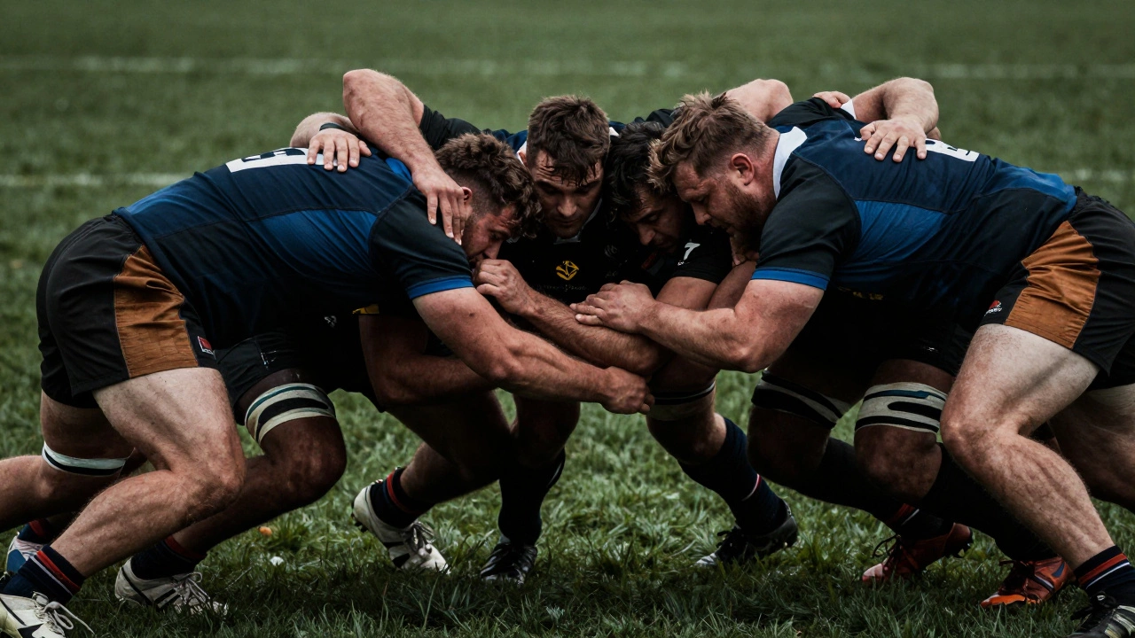 Two rugby teams locked in a powerful and technical scrum on a grass pitch