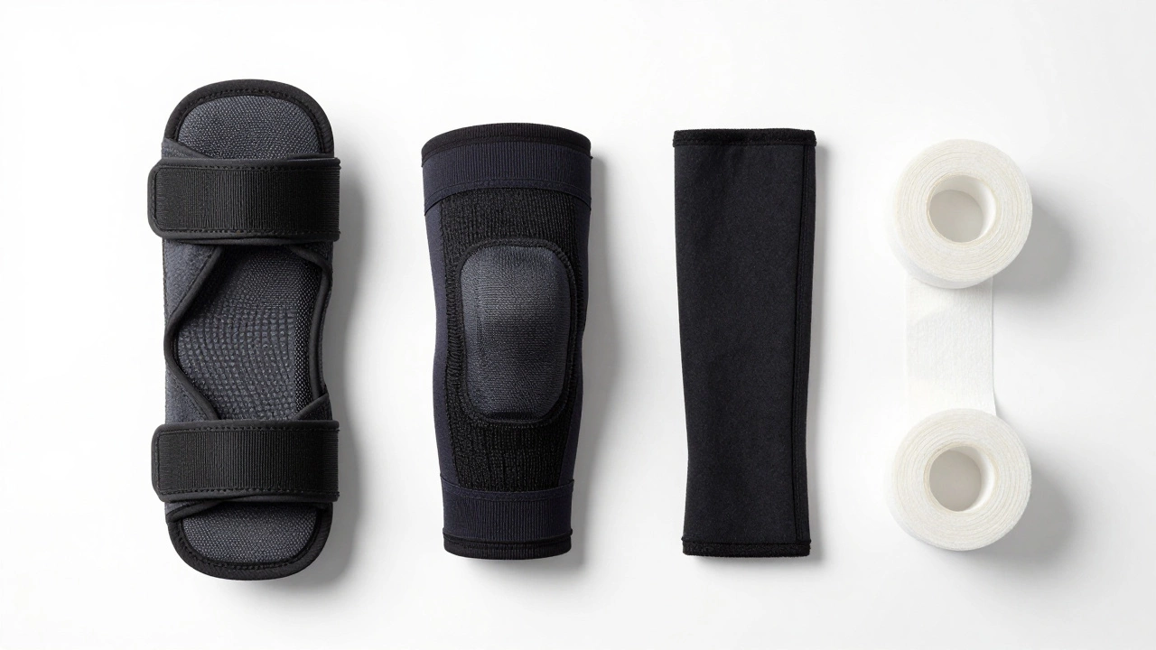 Ankle braces, knee sleeves, and athletic tape arranged on white.