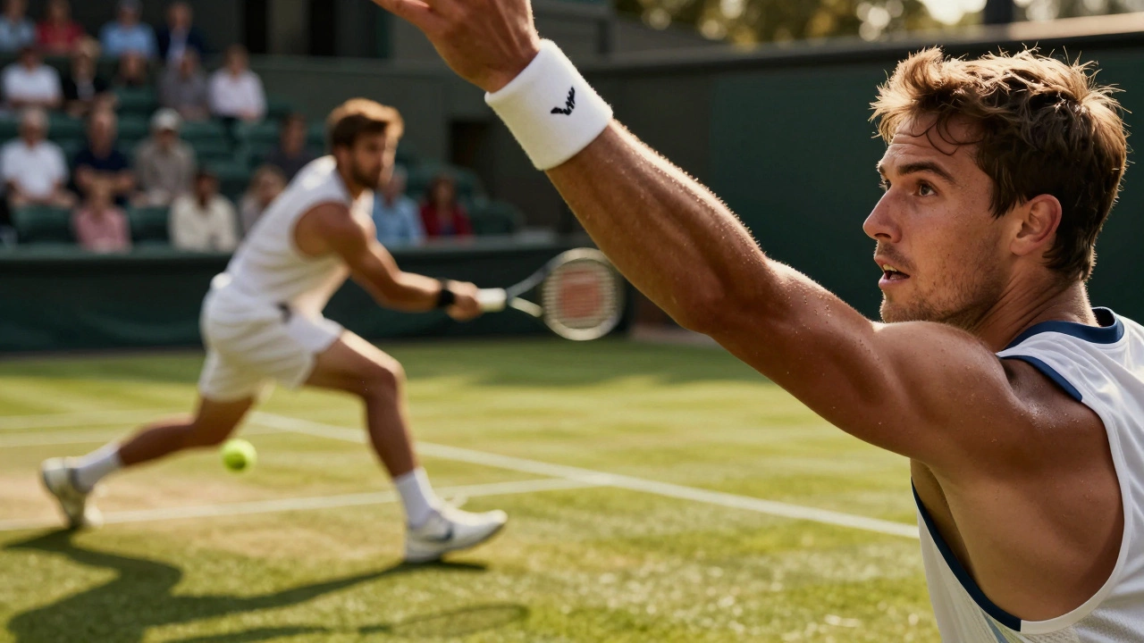 Close up of tennis players sweating during an intense rally