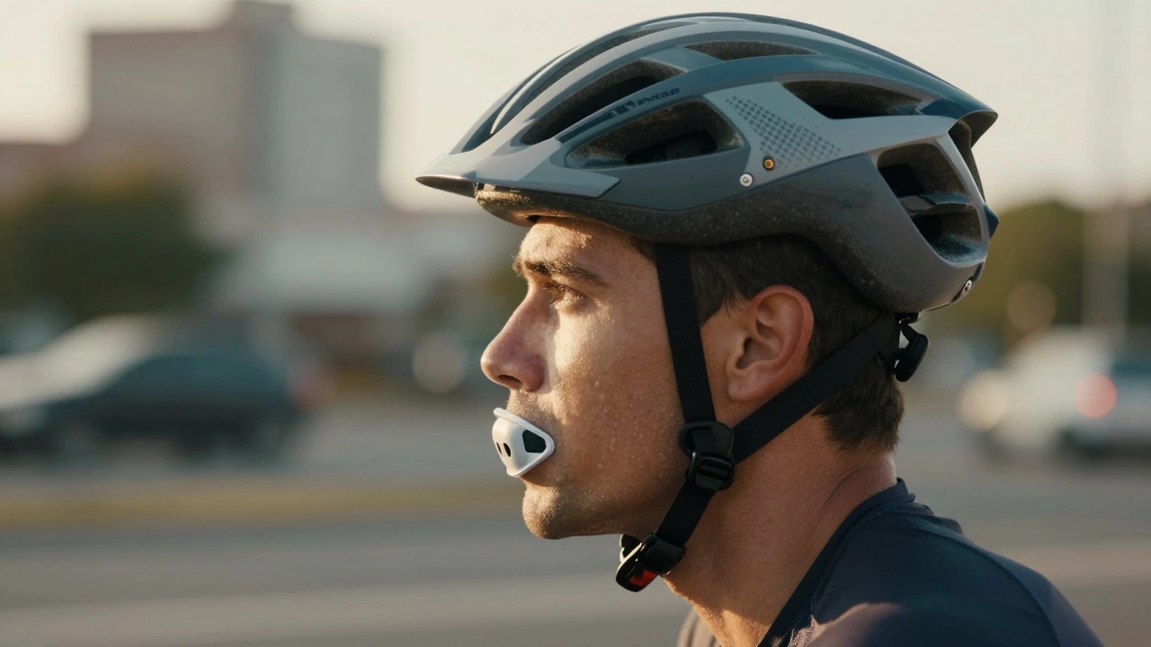 Cyclist wearing a certified helmet and mouthguard in profile view.