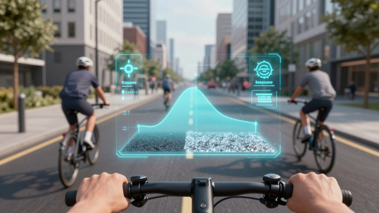 Futuristic AR overlay showing bike route data over a city street