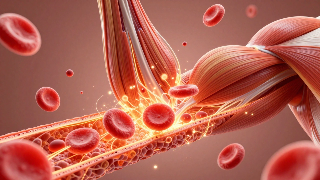 Glowing 3D illustration of muscle fibers during hypertrophy training